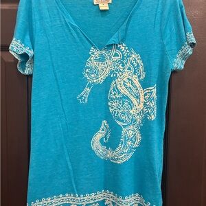 Lucky Brand Turquoise Seahorse Print Tee